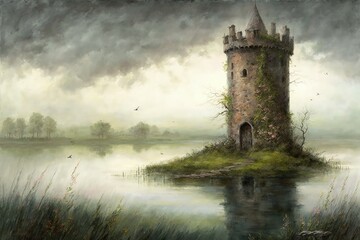 Mystical medieval tower in lake created with Generative AI 