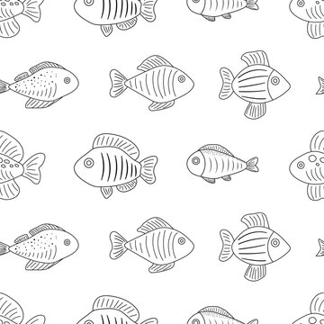 Seamless pattern fish coral stones coloring vector illustration