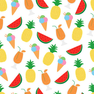 Seamless pattern fruits ice cream Orange juice cocktail in glass vector illustration