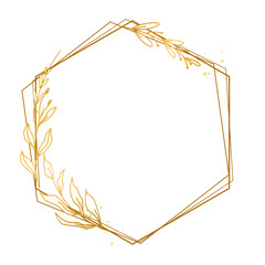 Elegant gold floral border with hand drawn leaves and flower for background, wedding invitation, thank you card, logo, greeting card