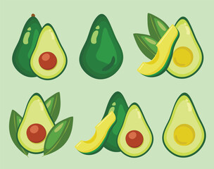Set of illustrations with avocado. Exotic fruits, flowers and leaves isolated on a white background. Avocado isolated icons set