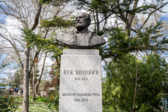 Statue of Belgrade Zoo's director Vuk Bojović. Belgrade, Serbia - April 2, 2023.