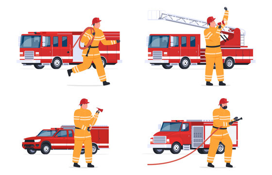 Characters of firefighters in different poses with fire trucks. Rescue in the event of a fire in the house, rescue work. Rescue service in emergency situations. Vector illustration