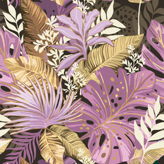 Fantastic tropical leaves on a dark background. Pink and beige colors. Seamless pattern. 
