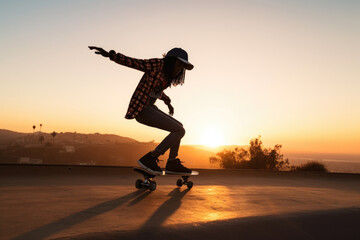 Young woman skateboarding at sunset, generative ai
