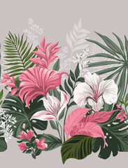 Tropical flowers and leaves. Seamless Coupon. Exotic wildlife pattern for fabric, wallpaper and other surfaces. 