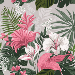 Hawaiian tropical seamless pattern. Exotic flowers on a neutral background. - 588381546