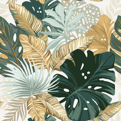 Tropical leaves in golden color. Seamless pattern. Neutral colors. - 588381550