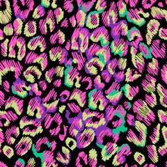 Leopard spots in neon on a black background. Seamless pattern.  - 588381553