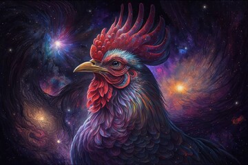 Magical rooster in space created with Generative AI 