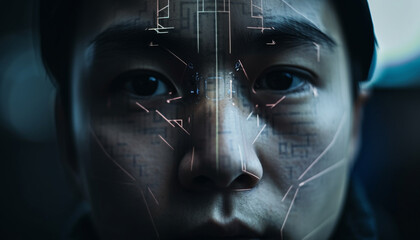 A futuristic young adult concentrates on digital data generated by AI