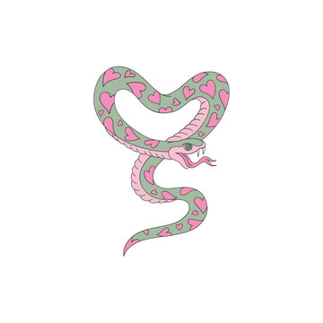 Howdy Valentines Day vintage snake viper in the form of heart vector illustration isolated on white. Wild west retro green pink love reptile print for 14 February holiday. 