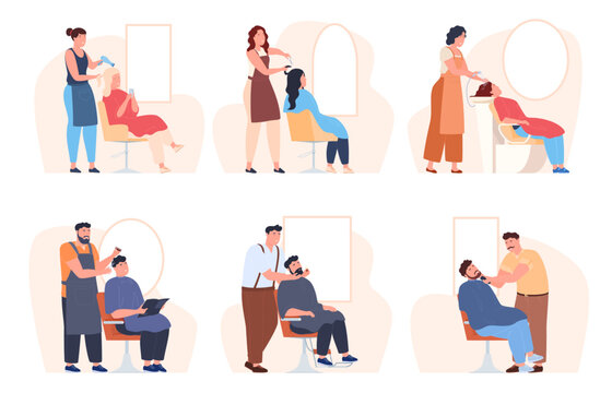 Hair salon with employees and customers. Men and women cut their hair and do their hair. Professional hair care. Vector illustration
