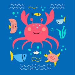 Fototapeta na wymiar Cute funny crab fishes flat vector illustration. Adorable ocean animals hand drawn cartoon character on a blue background. Perfect for posters, postcards, Childish t-shirt print design