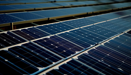 Blue solar panels collect sunlight for electricity generated by AI