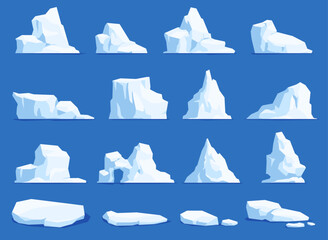 Set of different icebergs. A frozen massif of water and snow of various shapes. Great depths in cold ocean waters are dangerous. Vector illustration