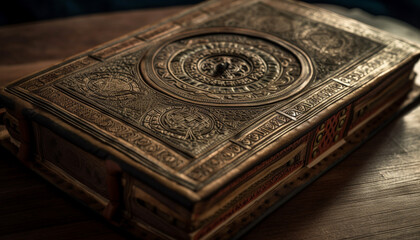 Antique wooden Bible, symbol of spirituality and wisdom generated by AI