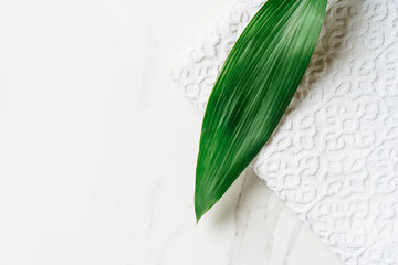 Clean white cotton towel and green leaf lying on white table with copy space.