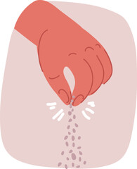 Vector illustration of Hand salting food. Pinch of salt. Sprinkle spices.