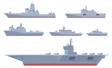 Military types of ships. Missile carriers, aircraft carriers, battleships. Maritime defense forces from the sea. Vector illustration © Igor