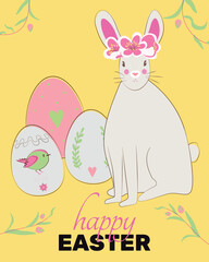 Happy Easter banner, poster, greeting card. Trendy Easter design with typography, cute bunny and festive eggs in pastel colors on yellow background. Vector illustration.