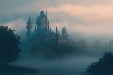 Citadel in the fog on a mountain. Castle created with Generative AI 