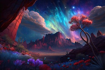 Fototapeta na wymiar Night fairy landscape created with Generative AI 