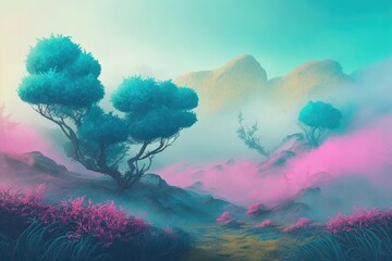 Fototapeta premium Morning landscape with colorful fog created with Generative AI 