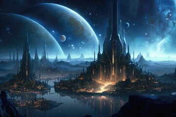 Fototapeta na wymiar Cosmic city of the future with a magical castle created with Generative AI 