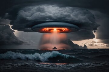 UFO, flying saucer in the middle of stormy ocean created with Generative AI 