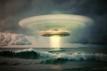 UFO, flying saucer in the middle of stormy ocean created with Generative AI 