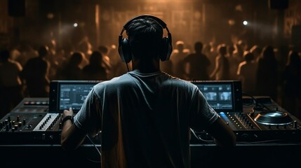 Obraz premium DJ playing music in the club, crowds of people dancing, techno, house, electronic, EDM, Generative AI