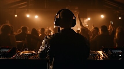 Fototapeta premium DJ playing music in the club, crowds of people dancing, techno, house, electronic, EDM, Generative AI