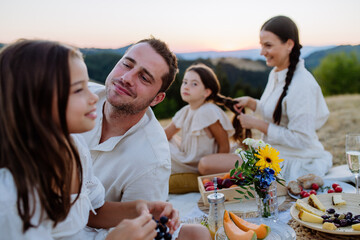 Happy family with children having picnic in park,celebrate, mother combing her daughter.