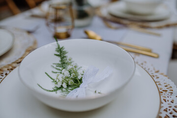 High angle view of aesthehic setting wedding table with flowers at backyard.