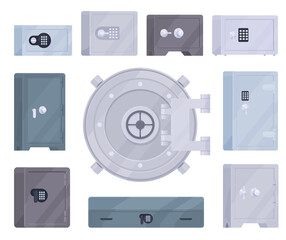 Metal safes. Bank secured vaults. Armored boxes to protect money and important documents. Vector illustration
