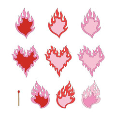 Howdy Valentines Day flaming hearts matches vector illustration set isolated on white. St Valentine Day Red Pink aesthetics fire heart print collection for love postcard design.