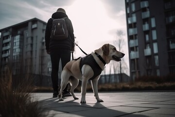 Chien à l'arrêt avec son maître en arrière plan