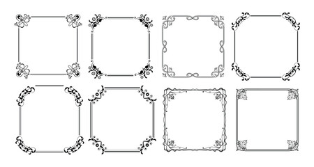 Decorative black frames. Retro ornamental frame, vintage square ornaments & ornate border. Decorative wedding frames, antique museum image borders. Isolated vector icons set