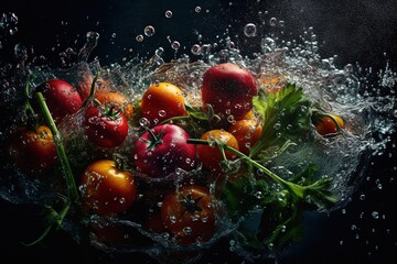 Fototapeta na wymiar Fresh vegetable in clean water, splashes and drops of water, fitness, healthy food, vegetarian, generative ai