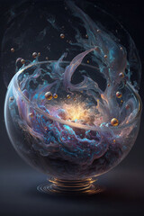 Universe is creating inside a glass terrarium. Big Bang Concept. Miniature Universe with Stars, Galaxies, Planets, Nebulae. Creation, Innovation, . Science Fiction, Fantasy. AI Generated