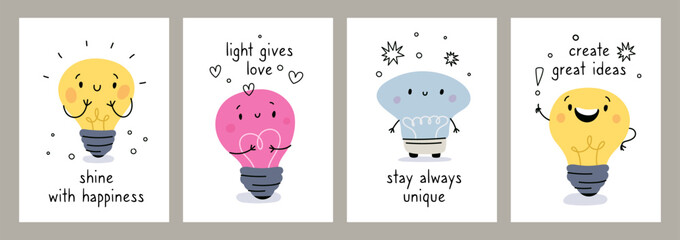 Light bulbs idea cards. Cute energy mascots. Cartoon lamps characters with motivational inscription text. Glowing happy faces. Smiling lightbulbs shine. Garish vector banners design set