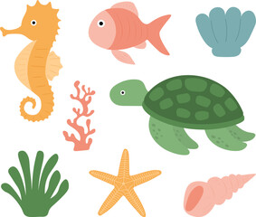Naklejka premium Set marine animals sea shell starfish coral algae vector illustration