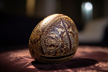 Close-up of an artfully crafted Easter egg made of delicate glass or porcelain, with intricate patterns and gold accents, resting on a soft, velvet cushion.  Intricate Easter Masterpiece