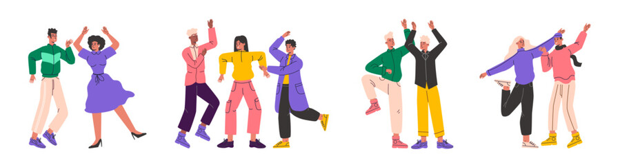 Obraz premium Party people. Happy guys and girls dancing and moving by music. Young men and women in bright modern clothes. Cheerful persons. Dancers couples and groups. Vector friends characters set