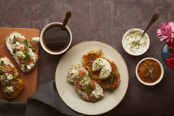Healthy food - Low-Carb Cuisine sandwiches with zucchini spread and yogurt, egg, salmon, coffee cup. Low in calories, FODMAP, KETO diet, superfood.