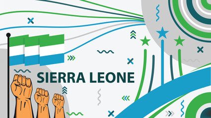 Vector banner design celebrating Sierra Leone national day with typography, geometric shapes, flag and fist pump icon. modern retro style background for Sierra Leone country.