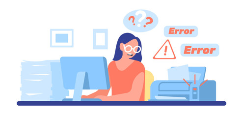 Printer broke. Girl upset by copier breakdown and lots of papers. Office trouble. Equipment error. Woman working at computer. Photocopier malfunction. Photocopy machine. Vector concept