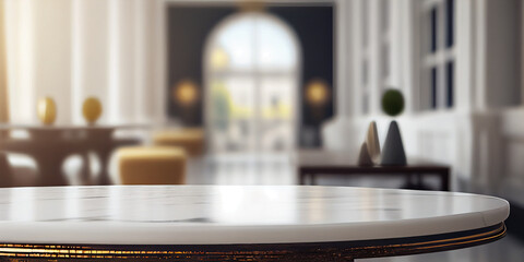Obraz premium Christmas Celebration Table Counter Top, Podium Pedestal, Abstract Bokeh Living Room Space Background in Interior. Product Mock up Display, Back Drop. Generative AI.