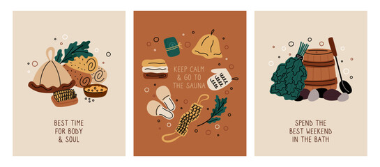 Sauna elements cards. Steam bath accessories. Body detox. Herbal natural things. Cozy posters with cute texts. Spa relaxing procedure. Garish vector bathhouse invitation banners set